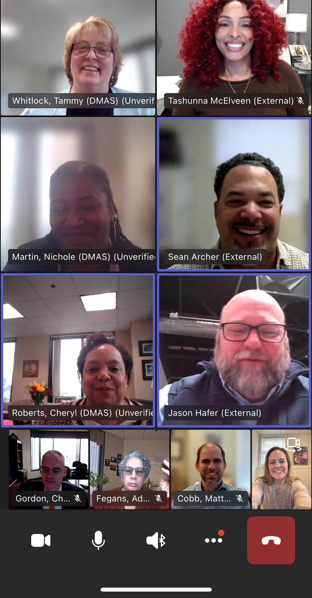 Screenshot of a video call showing VAPCP members and DMAS leadership in a grid of participant windows